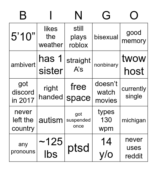 caiden bingo Card