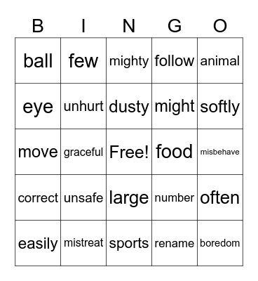Spelling Words Bingo Card