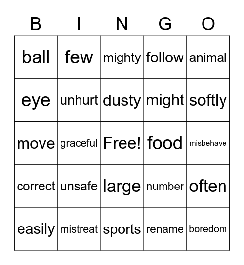 Spelling Words Bingo Card