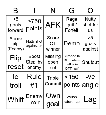 Rocket League Bingo Card