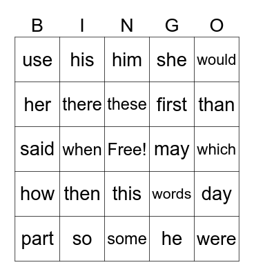Sight Words 2 Bingo Card