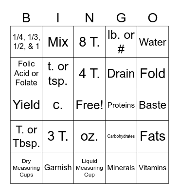 Food and Nutrition BINGO Card