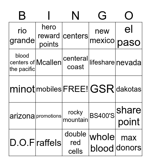 UNITED BLOOD SERVICES Bingo Card