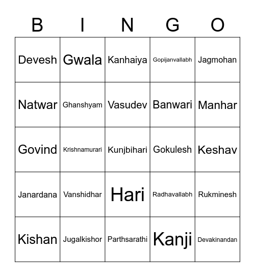 Krishna names Bingo Card