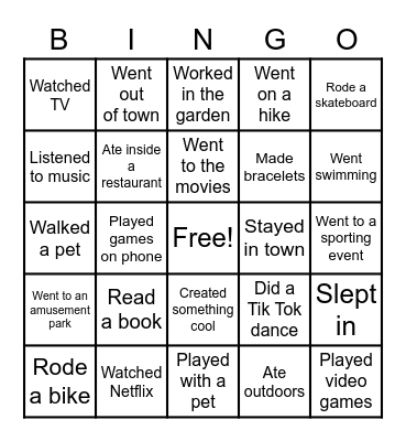 Spring Break Bingo Card