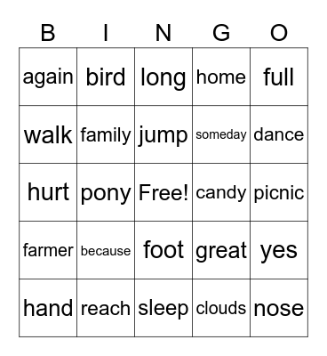 1st Grade Bingo Card