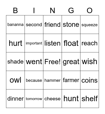 2nd Grade Bingo Card