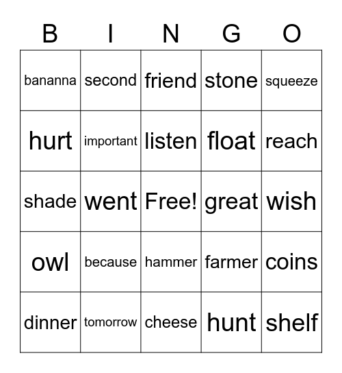 2nd Grade Bingo Card