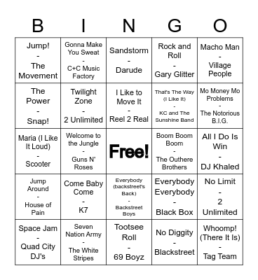 Jock Jams Bingo Card