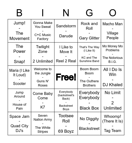 Jock Jams Bingo Card