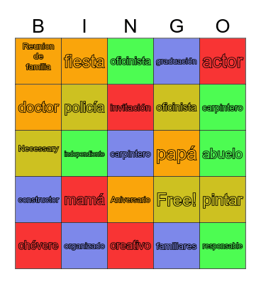 Families Bingo Spanish Bingo Card