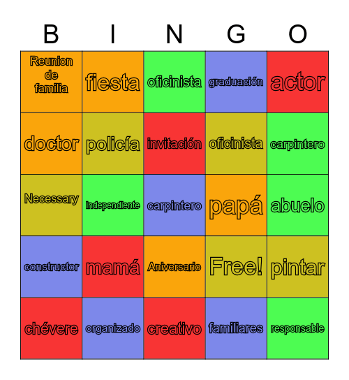 Families Bingo Spanish Bingo Card