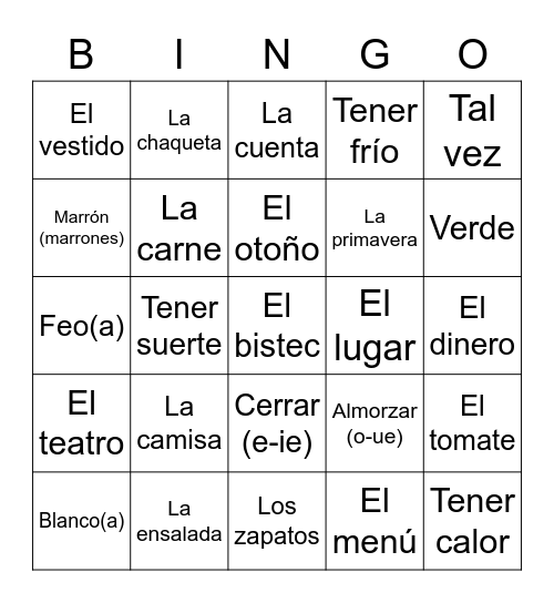 Avancemos 1 - Unit 4 - Vocabulary (Text) Bingo Card
