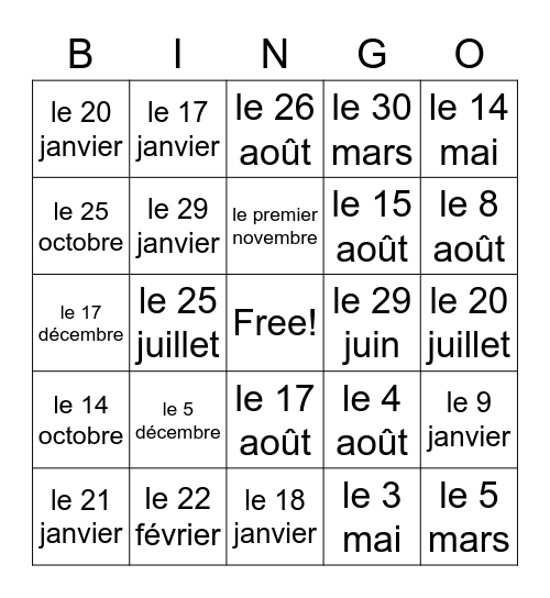 Français 1 Bingo Card