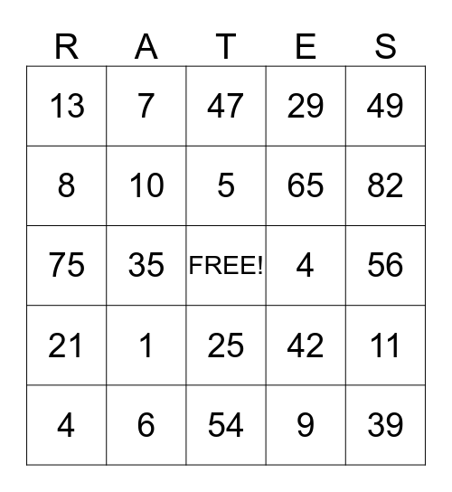 RateWatch Bingo Card