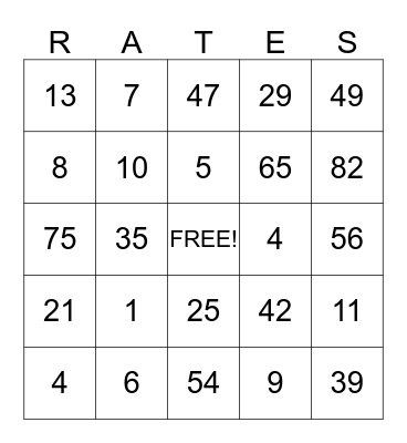 RateWatch Bingo Card
