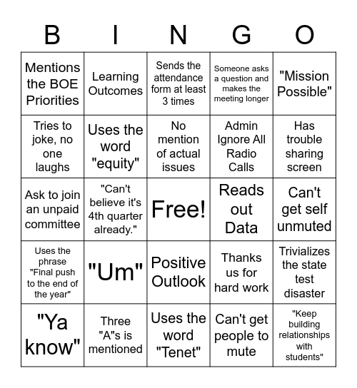 BMS Faculty Meeting Bingo Card