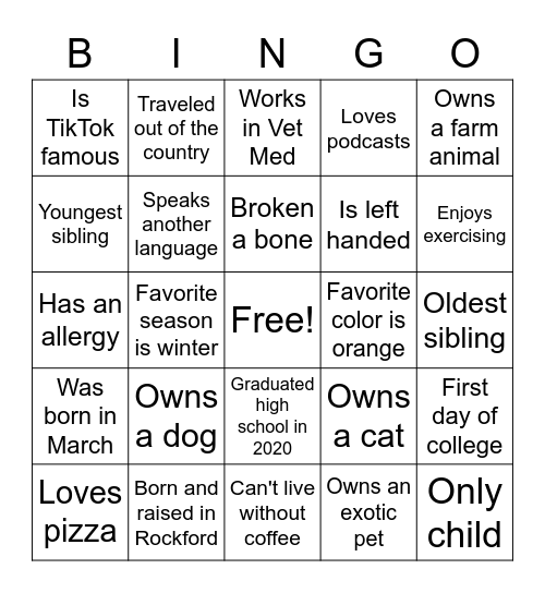 First Day of SS Bingo Card