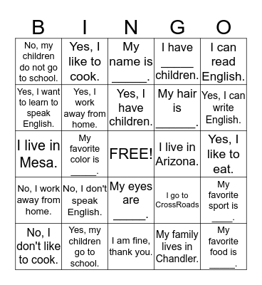 ESL Bingo Card