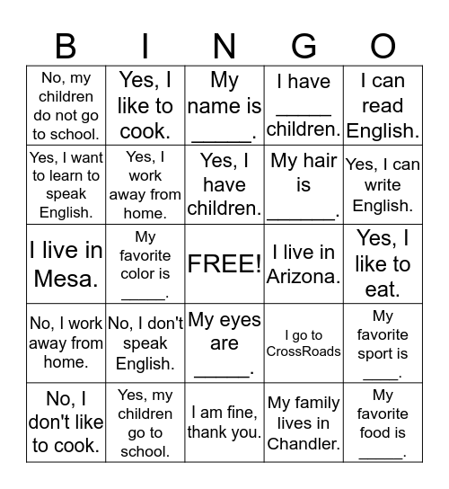 ESL Bingo Card