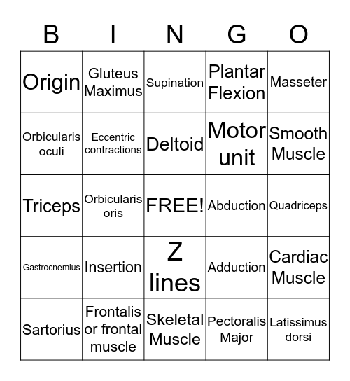 Muscle Bingo Card