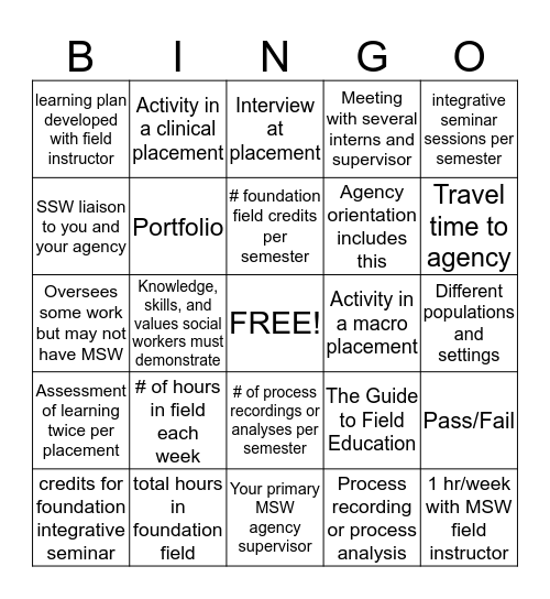 Field Education Bingo Card