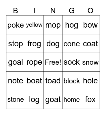 Long and Short O Bingo Card