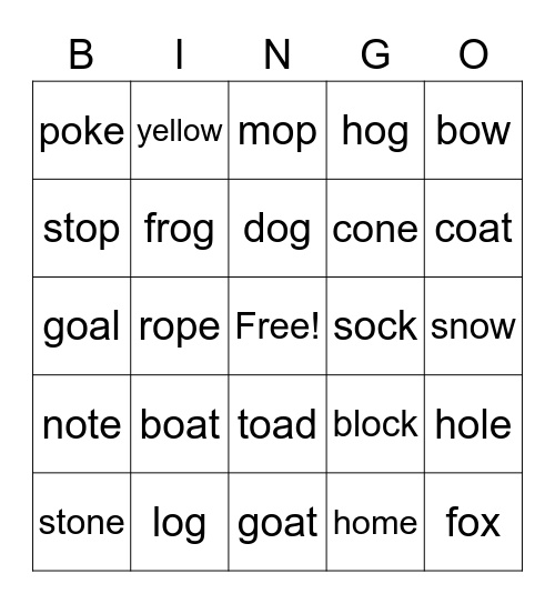 Long and Short O Bingo Card