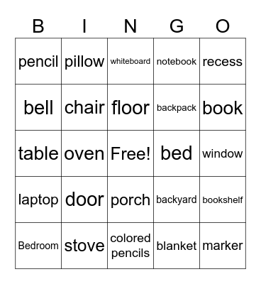 House and School Bingo Card