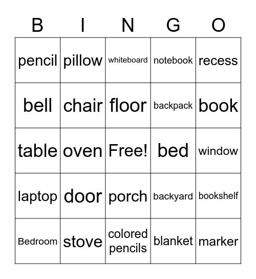 House and School Bingo Card