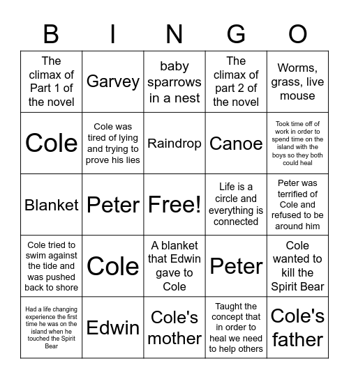 Touching Spirit Bear Bingo Card