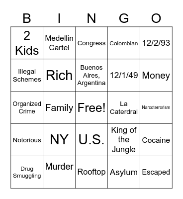 Pablo Escobar Bingo Card