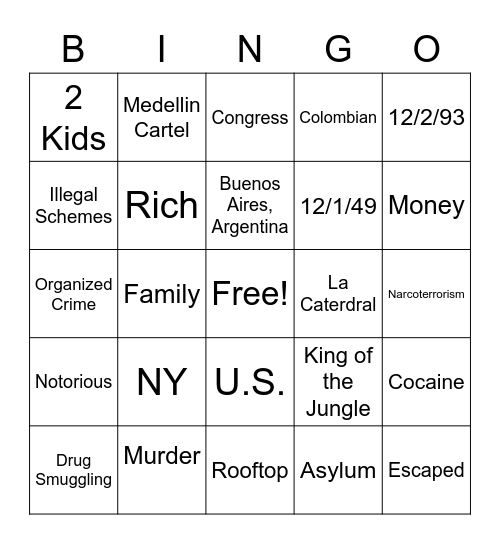 Pablo Escobar Bingo Card