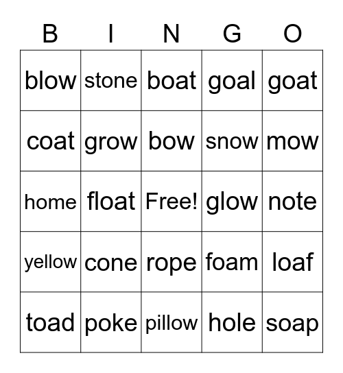 Long Vowel Bingo: o-e, oa, ow Bingo Card