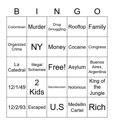 Pablo Escobar Bingo Card