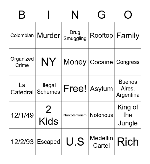Pablo Escobar Bingo Card