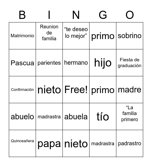La Familia Bingo Card