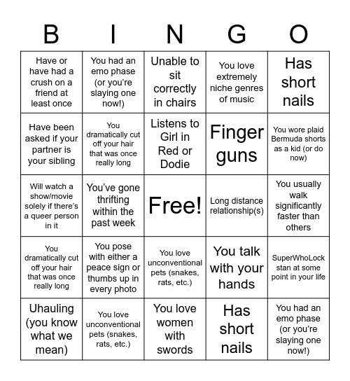 Gay Bingo Card