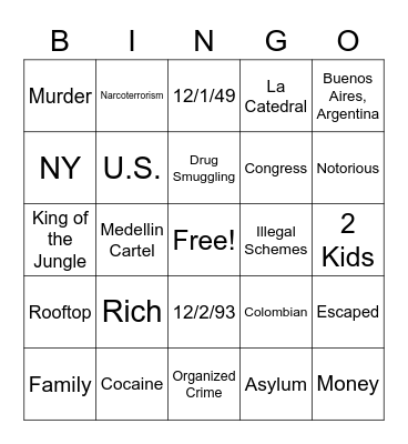 Pablo Escobar Bingo Card