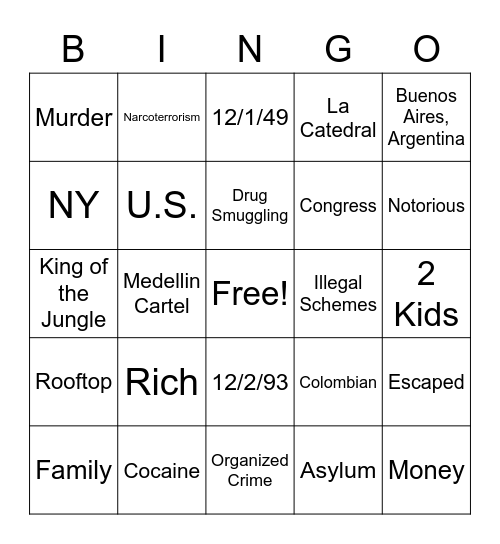 Pablo Escobar Bingo Card