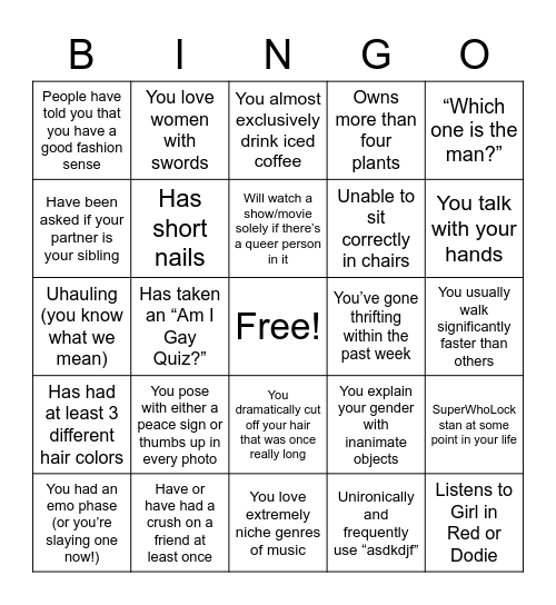 Gay Bingo Card