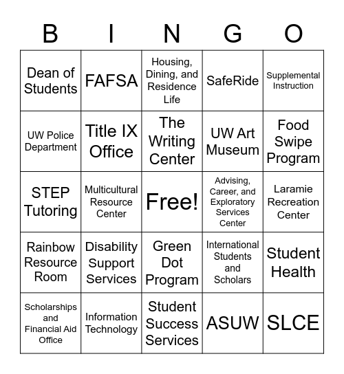 ASUW Mental Health Week Bingo Card