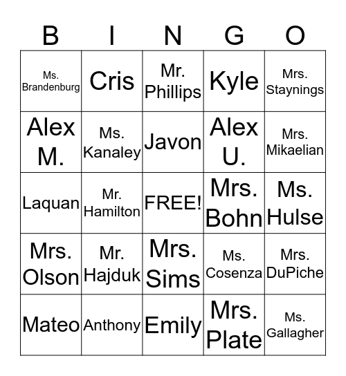 The Name Game  Bingo Card