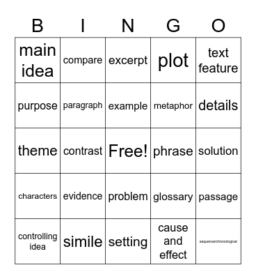 Reading Vocabulary Bingo Card