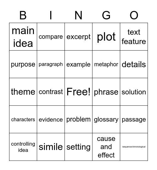 Reading Vocabulary Bingo Card