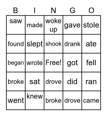 Past Test Verbs Bingo Card