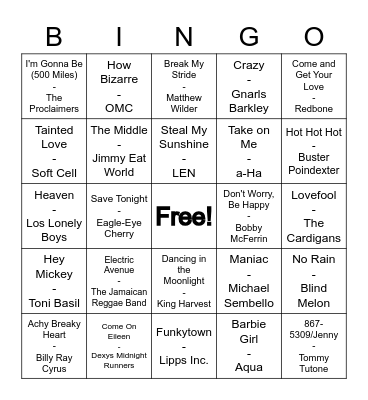 One-Hit Wonders Bingo Card