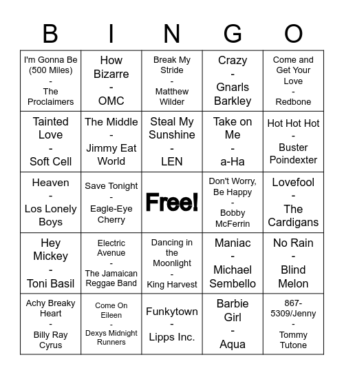 One-Hit Wonders Bingo Card