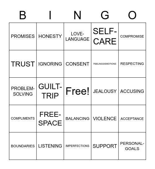 Healthy Relationship Bingo Card