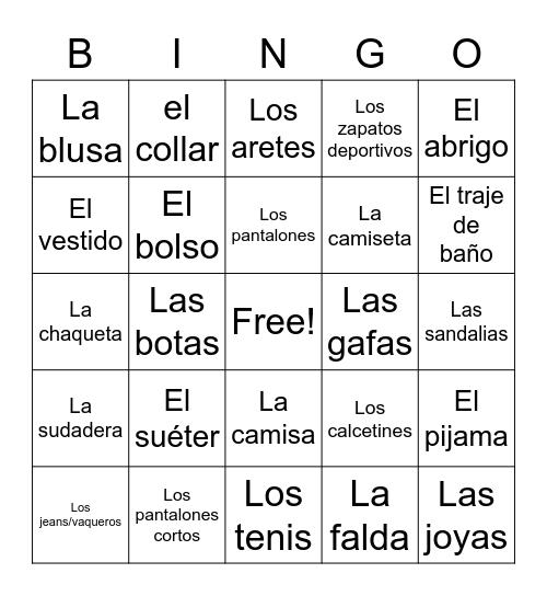 La Ropa Bingo Card